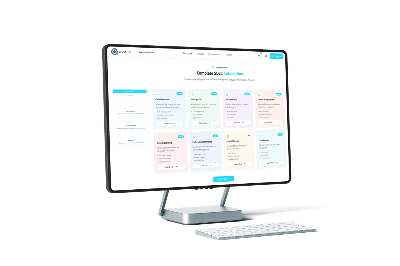 An Availe agentic AI platform console on a desktop display, showing SDLC automation tools